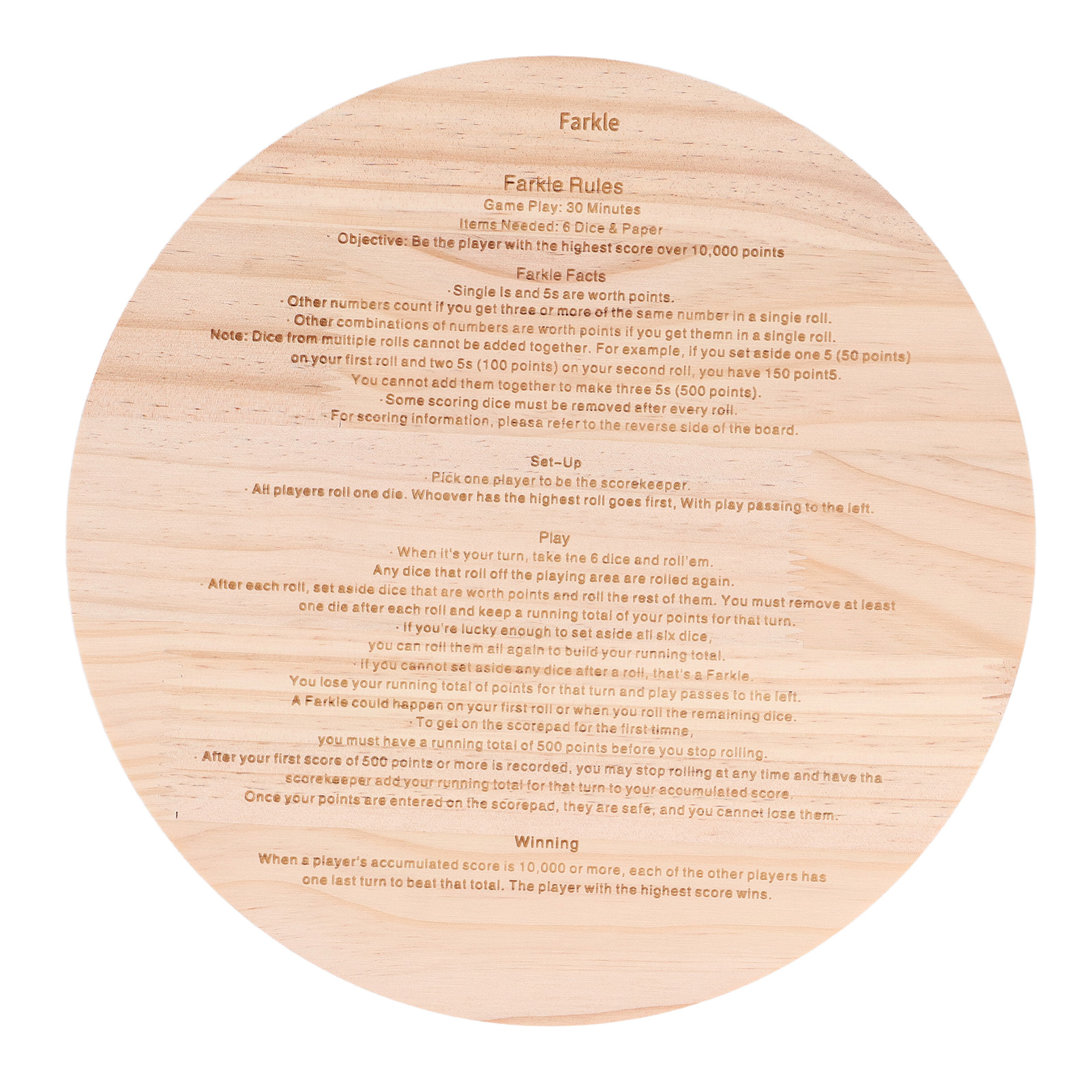 Plateau Farkle En Bois – Jeu De Dés Classique Rond 30 Cm – 6 Dés Et Sac De Rangement – Soirée Famille – Améliore Maths Et Stratégie